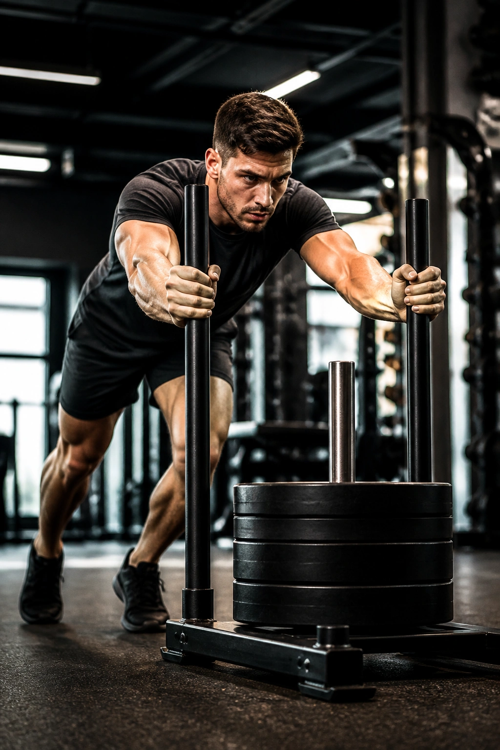 Athlete pushing a heavy sled in a gym with legs driving power