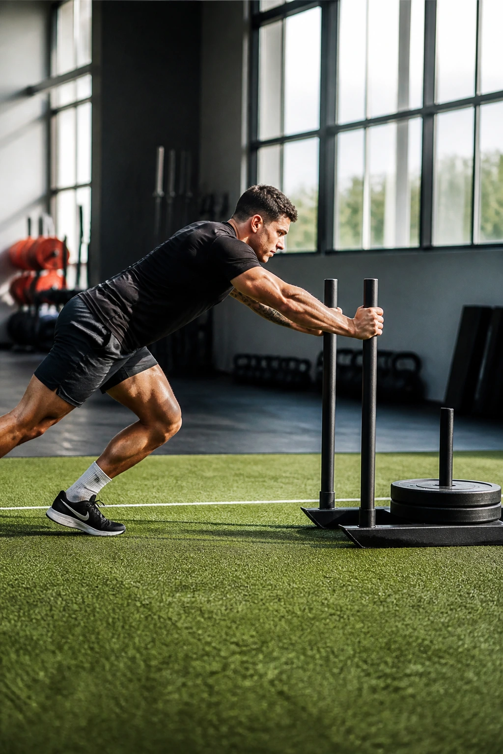 Person pushing a sled across turf in gym