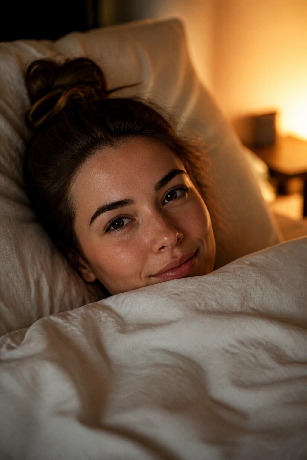 Portrait of a person in a softly lit bedroom ready for sleep