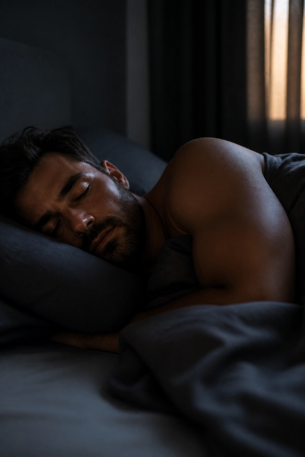 Close-up of a person sleeping in a dark bedroom, illustrating a fixed sleep window