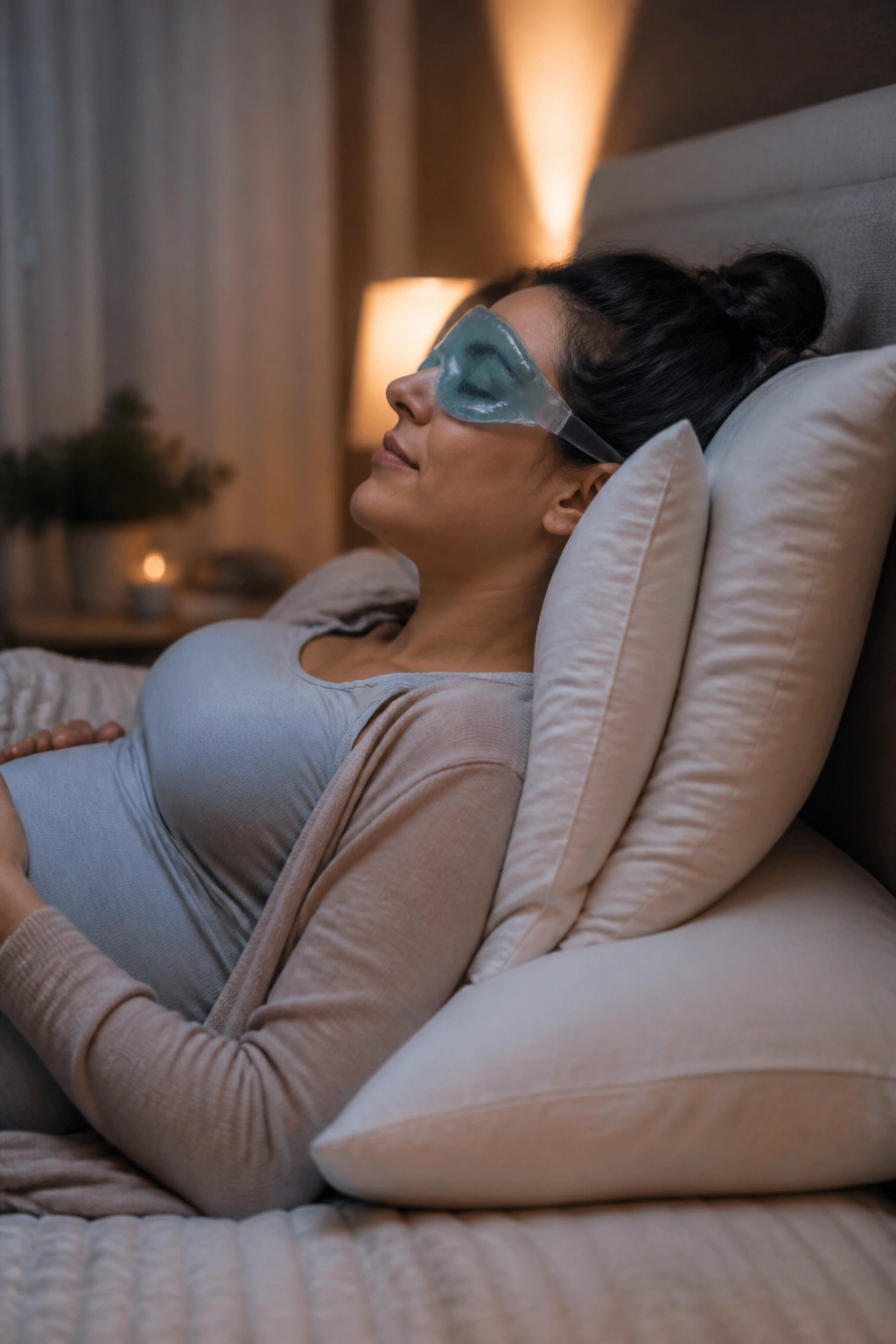 Pregnant person sleeping with cooling eye mask to reduce puffiness