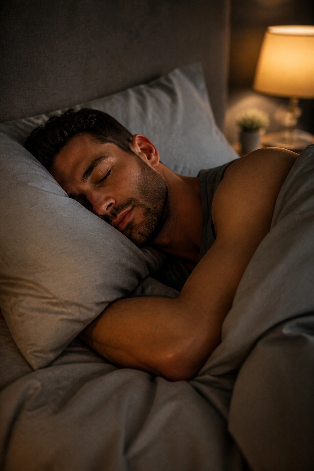 Person resting in bed in a quiet bedroom.