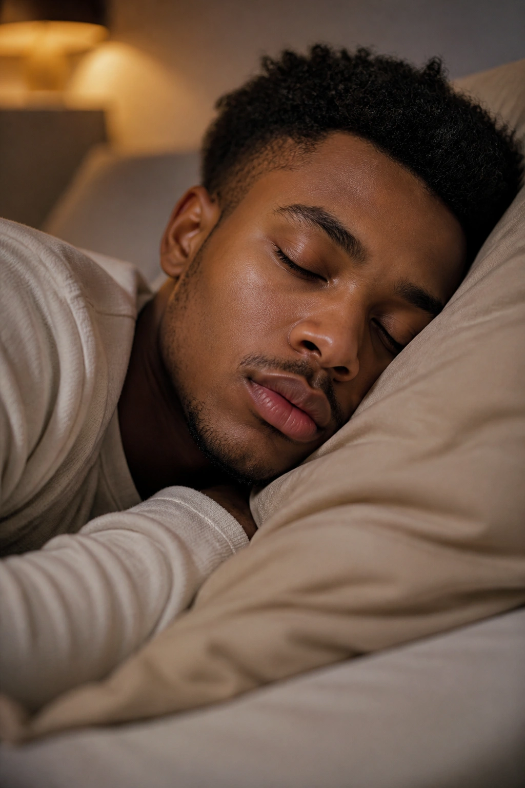 Close-up of a sleeping person in a warm bedroom with soft light