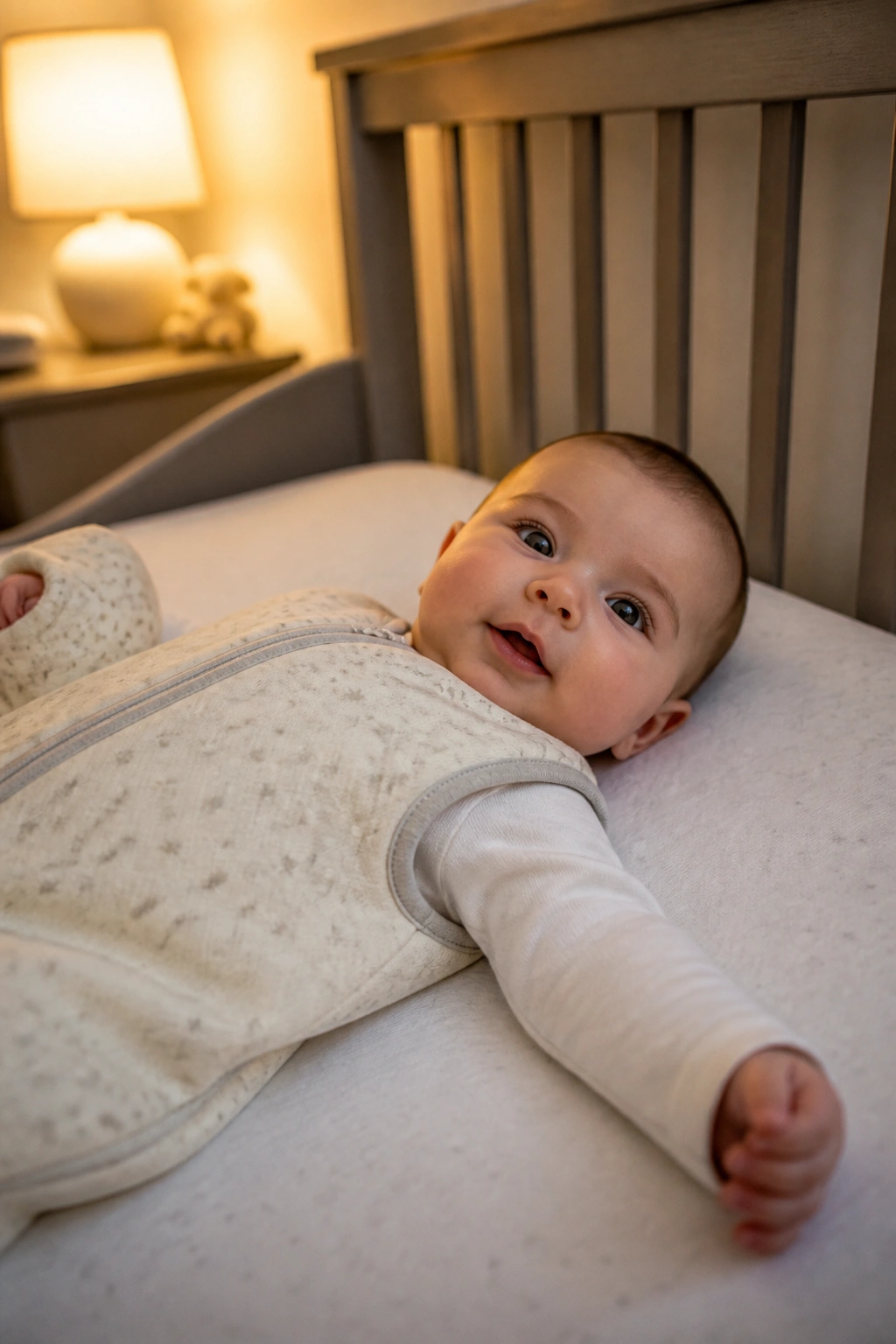 Baby in a sleep sack with one arm out in a crib