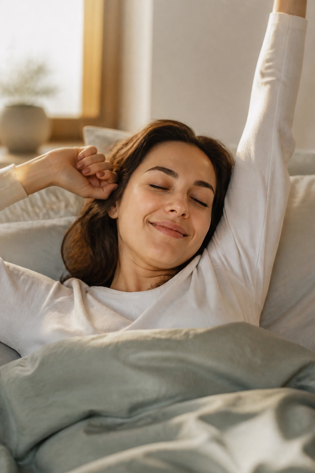 Portrait of a person waking up calmly in a softly lit bedroom.