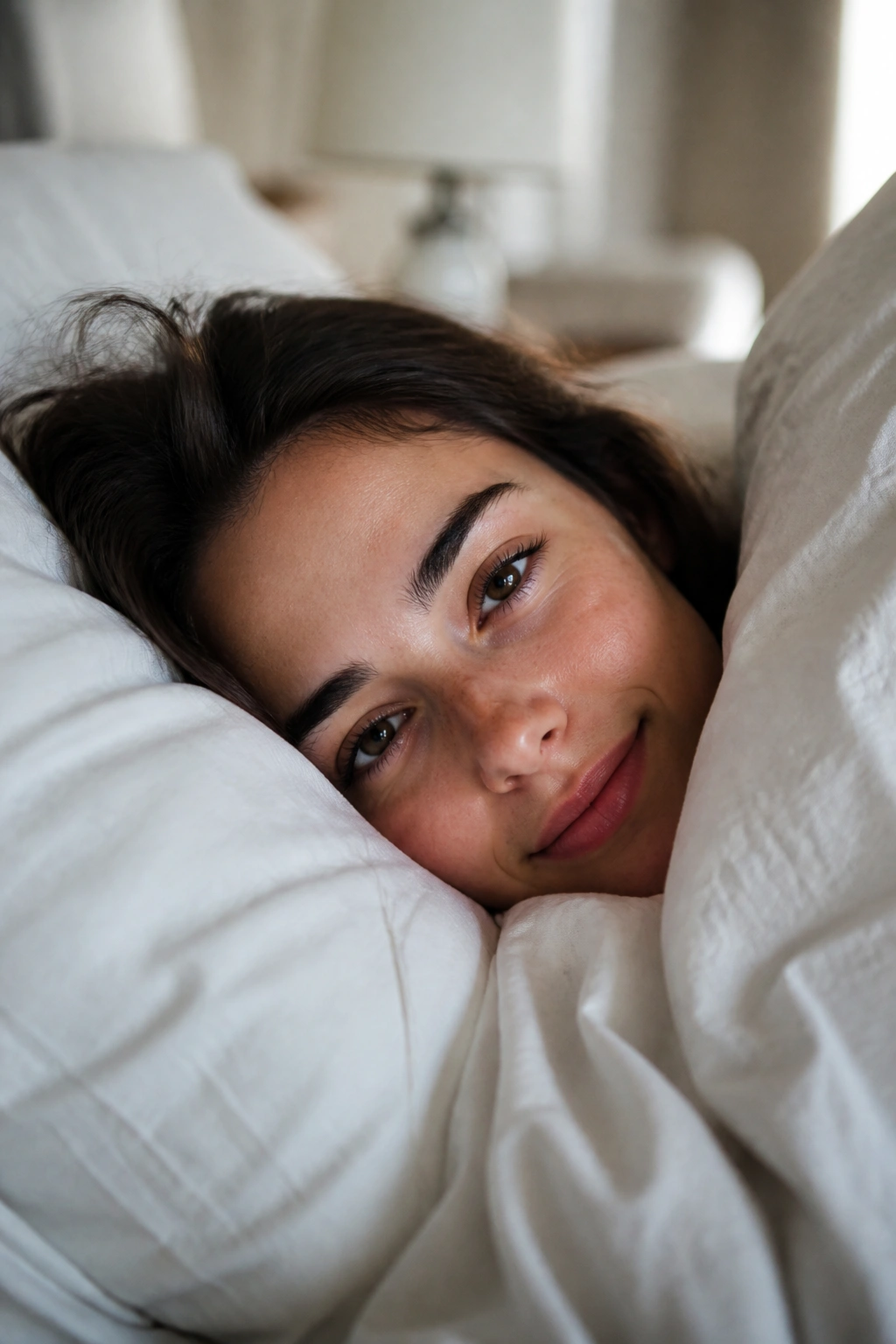Person waking up in bed with soft morning light to reflect sleep quality
