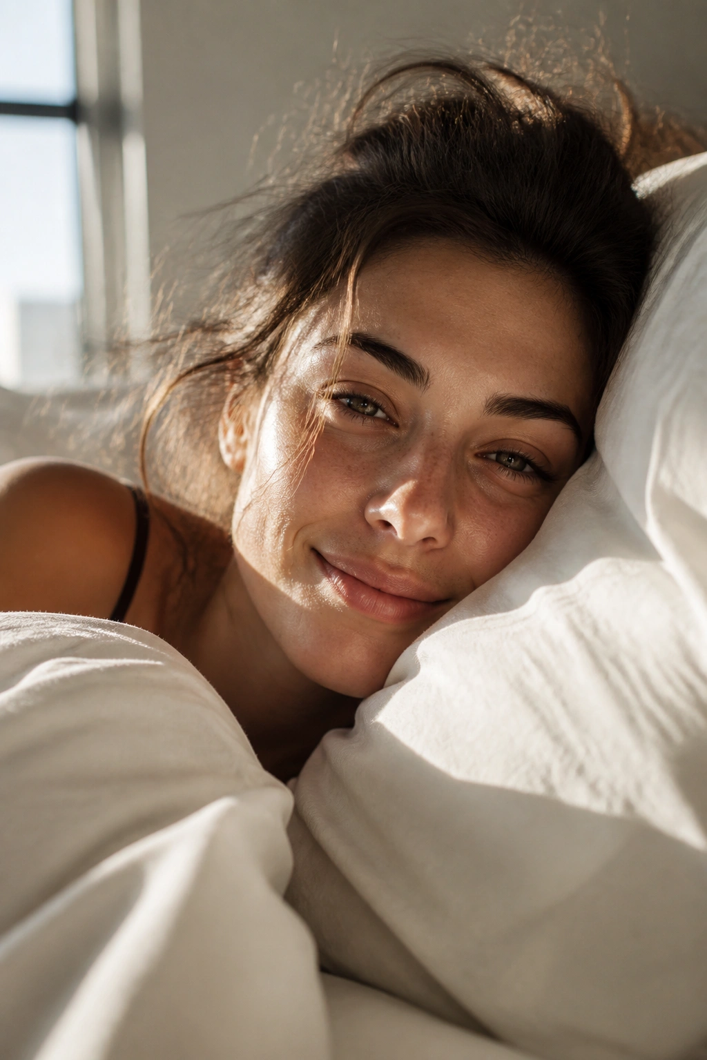 Close-up portrait of a person waking in a sunlit bedroom to illustrate consistent sleep-wake timing