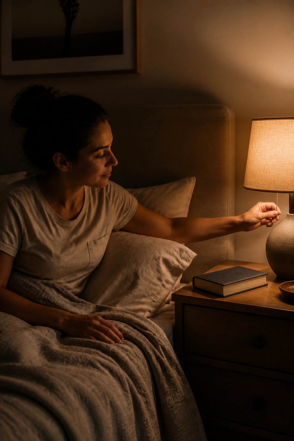 Person dimming a lamp in a cozy bedroom preparing for sleep