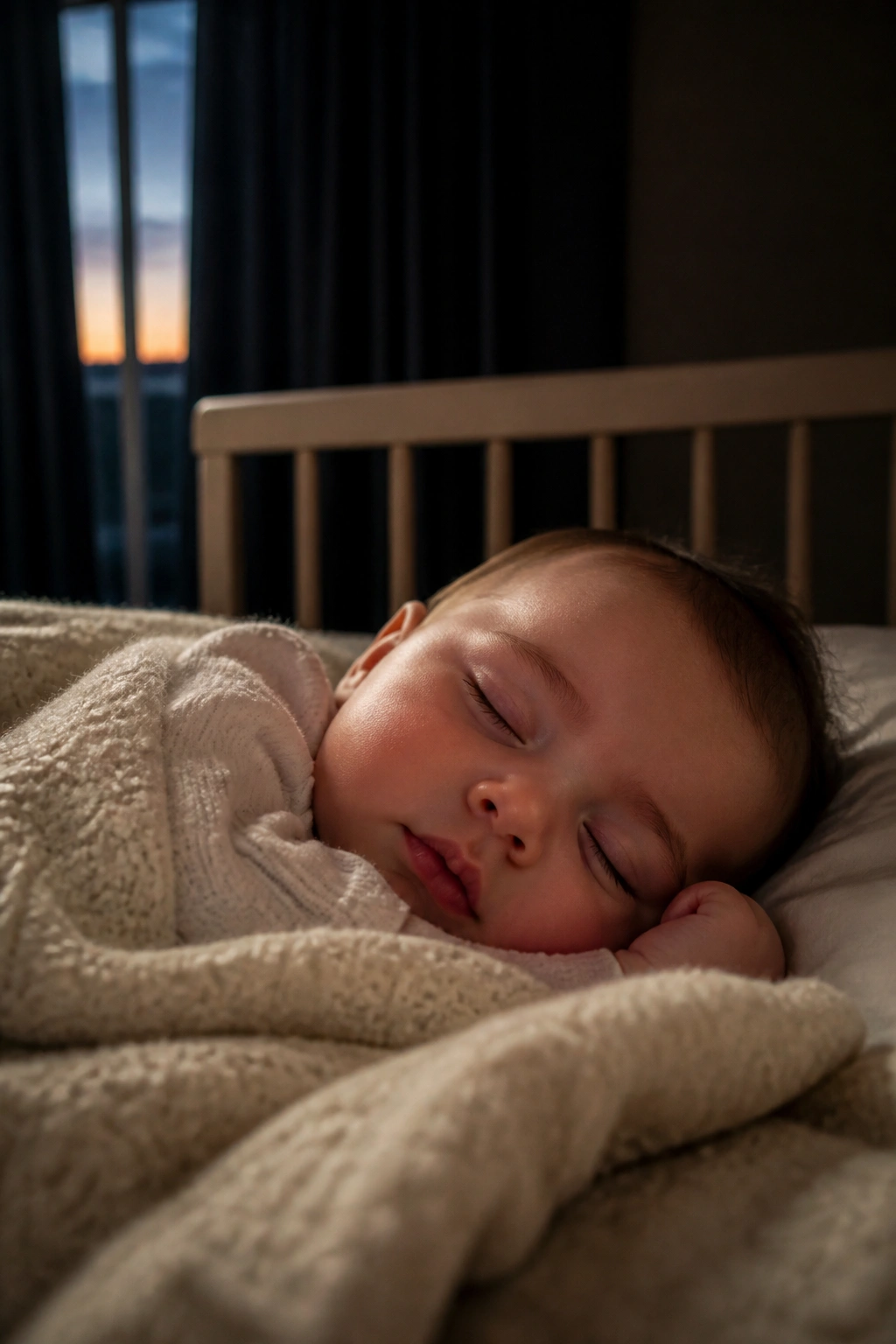 Sleeping infant in a dim nursery with blackout curtains and soft dawn light