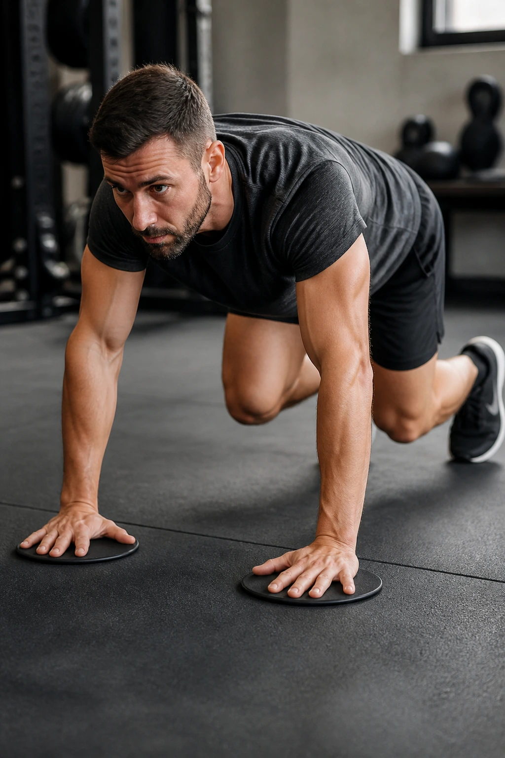 Medium close-up of a person performing slider bear crawl with core engaged