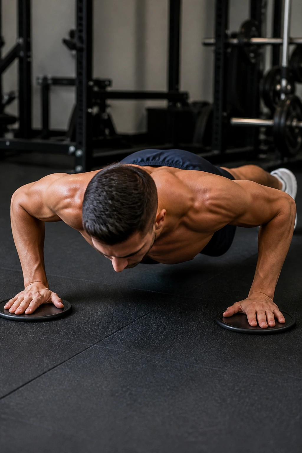 Close-up of a person performing slider chest fly push-ups