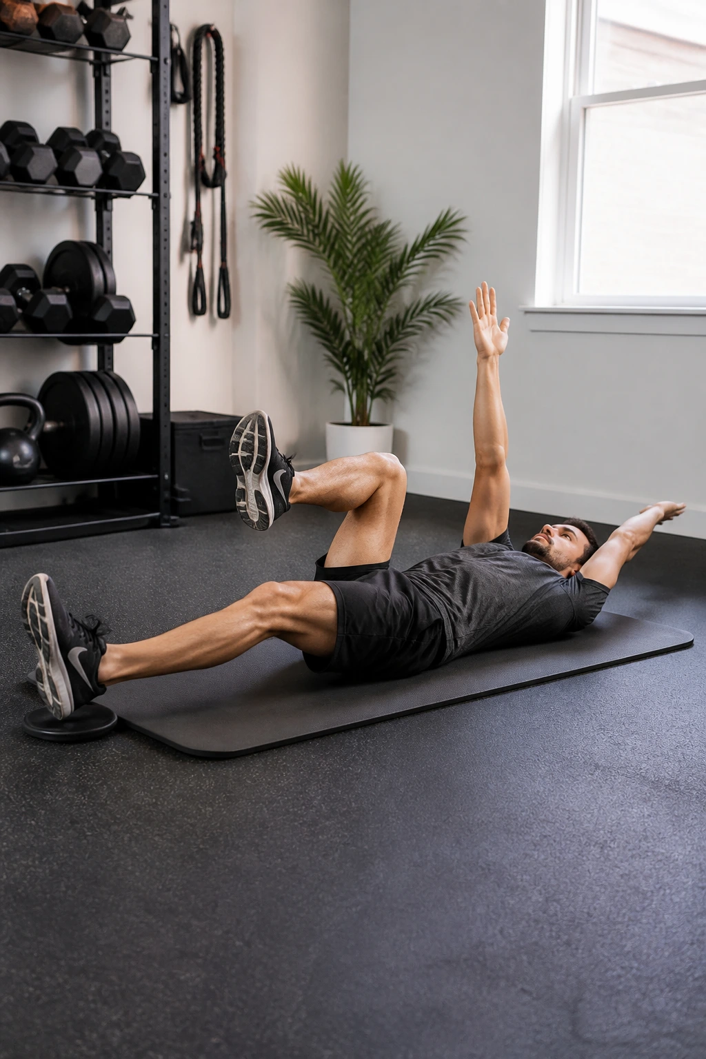 Close-up of a real person performing a slider dead bug press on a mat