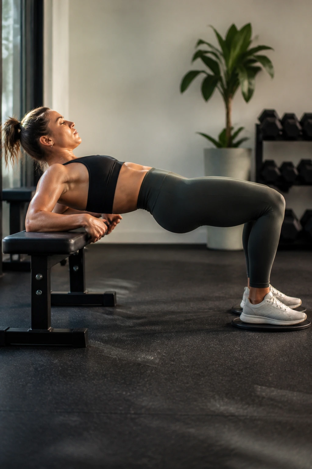 Real person performing slider hip thrust with pause at top.