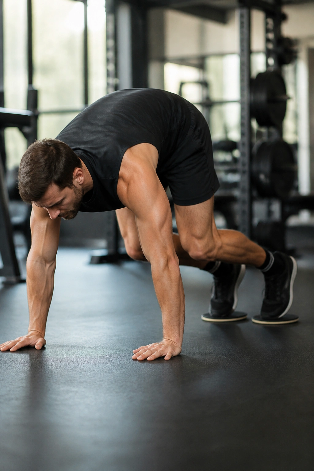 Mid-shot of slider jackknifes in a high plank position with sliders.