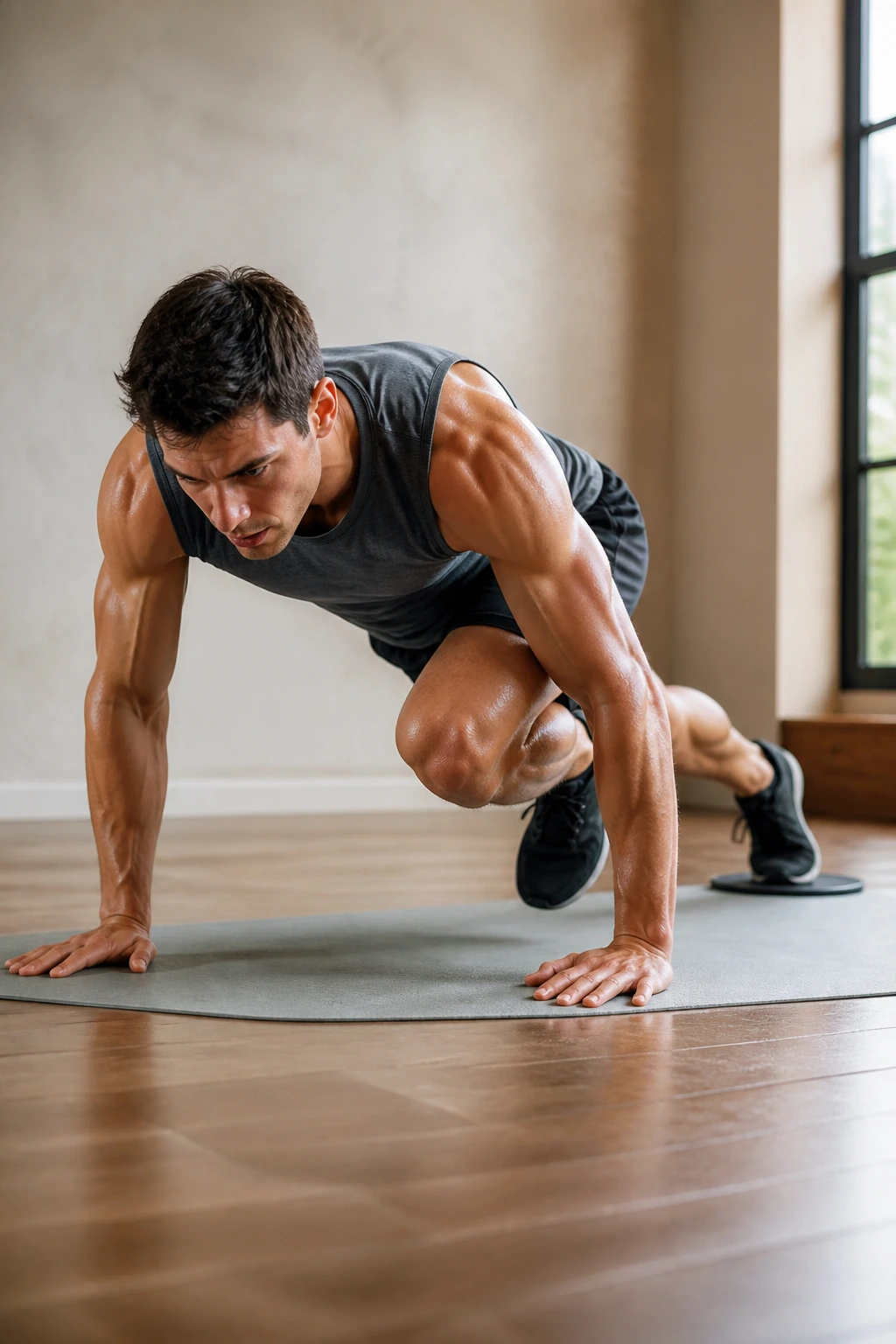 Close-up of a person performing slider push-up knee drives, showcasing core engagement and knee drive toward elbow