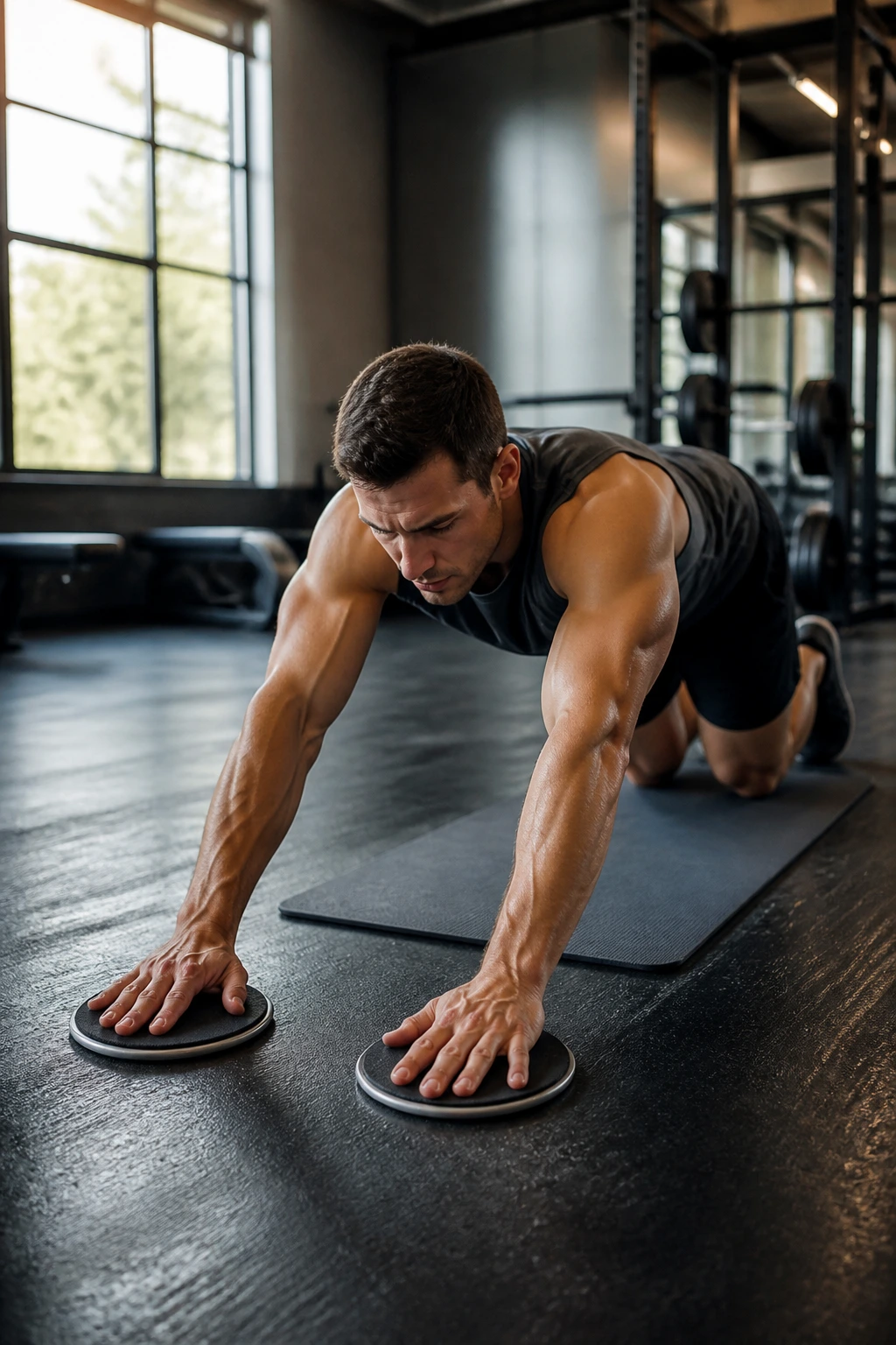 Close-up of a person performing a rollout to plank with sliders