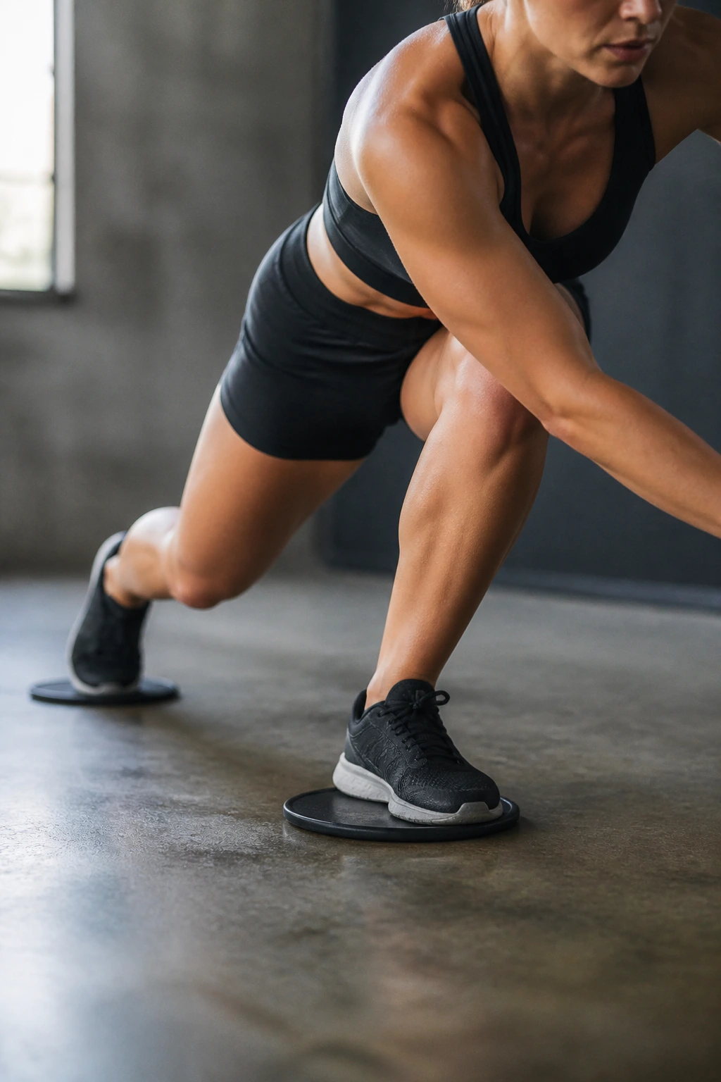 Close-up of a person performing slider skater slides focusing on hip and glute engagement