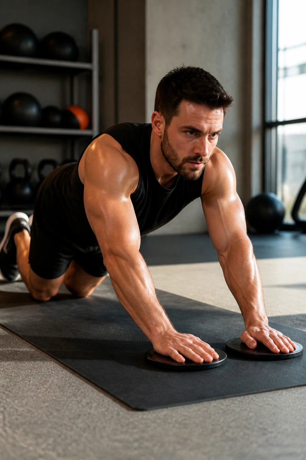 Close-up of a real person performing a slider triceps extension rollout in kneeling plank
