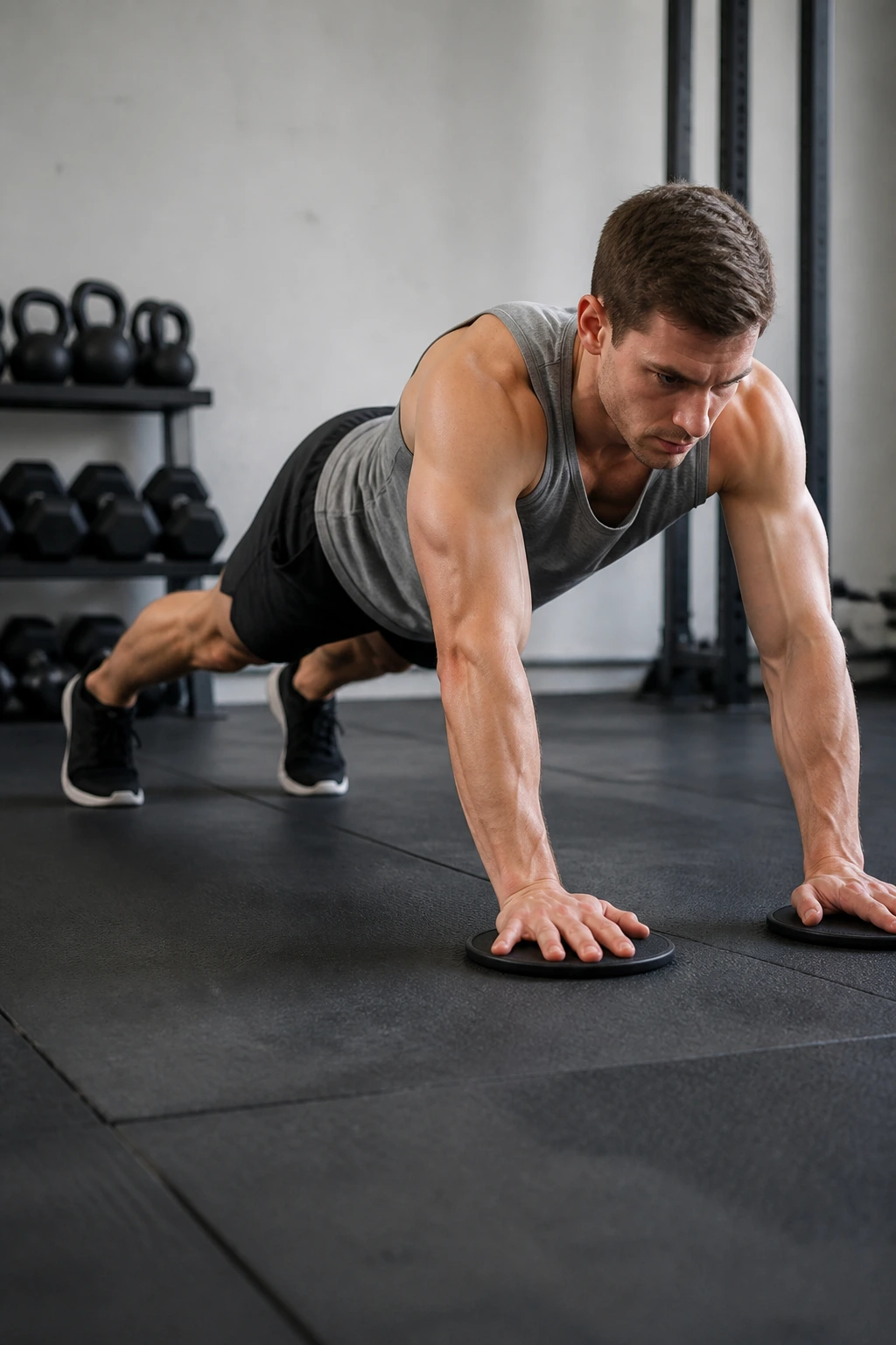 Medium shot of a person performing slider walkouts from stand to plank