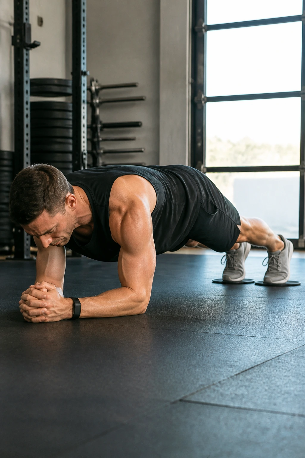 Close-up side view of a person in forearm plank with sliders performing a body saw