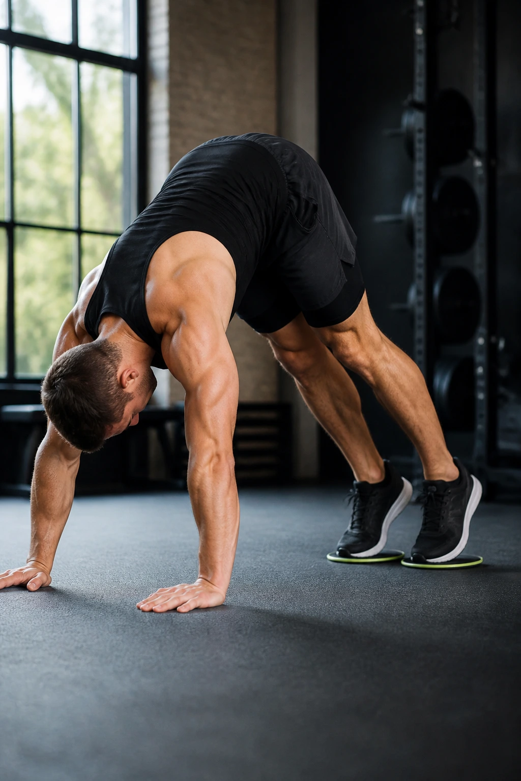 Medium close-up of a person in high plank with sliders performing a pike tuck, core engaged