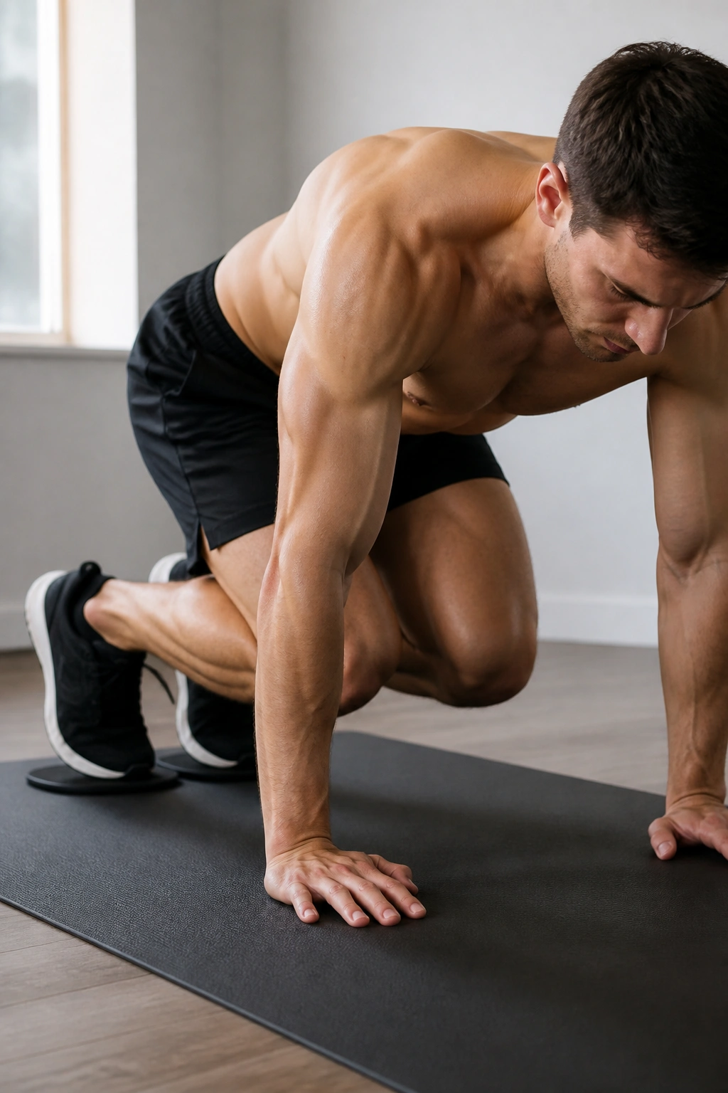 Person performing sliding frog tuck in high plank with feet on sliders