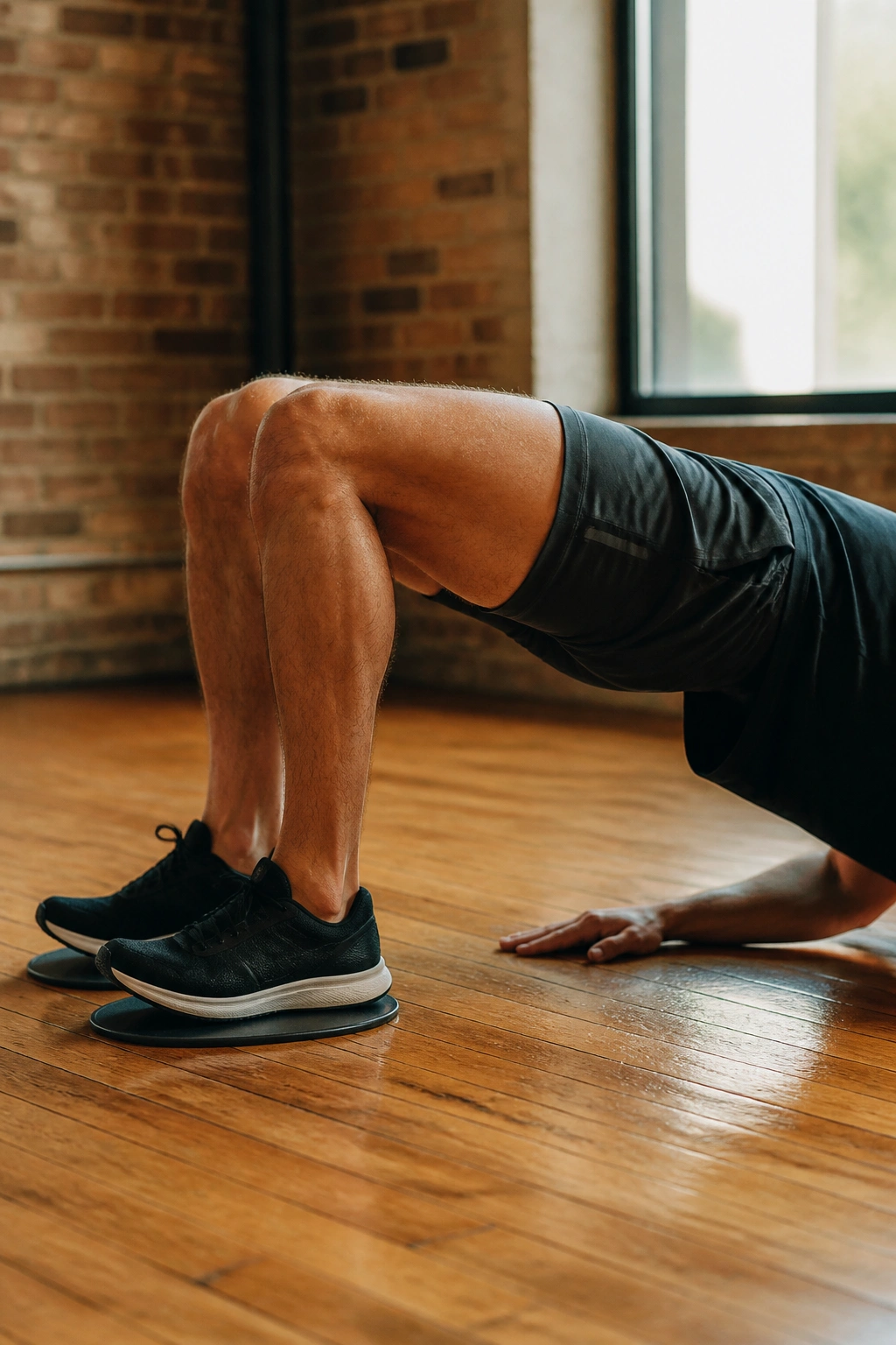 Close-up of a runner's legs performing sliding hamstring curls and glute bridge on hardwood floor