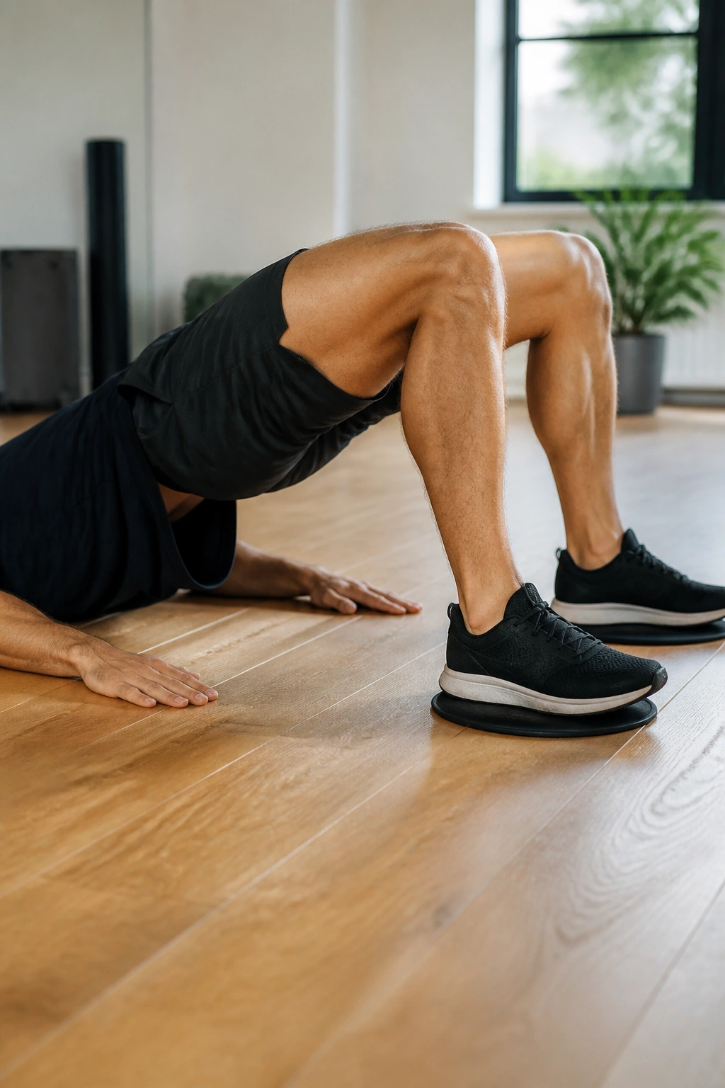 Close-up of a person performing sliding hamstring curls in a bridge with heels on sliders