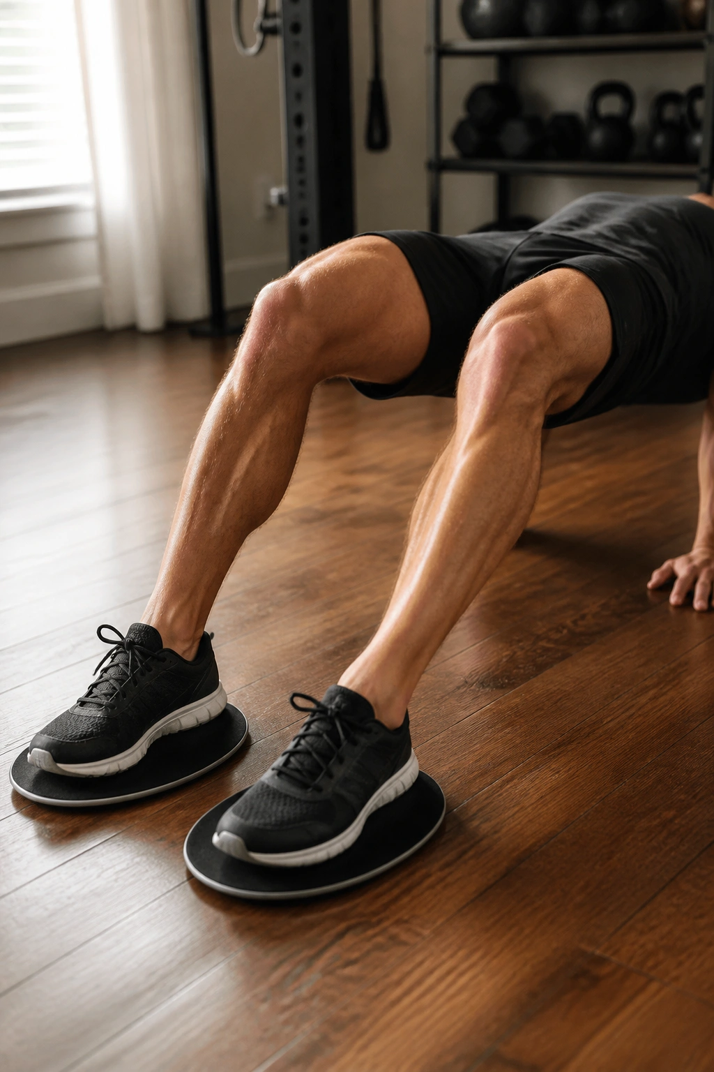 Person performing sliding hamstring curls on hardwood floor with sliders under heels