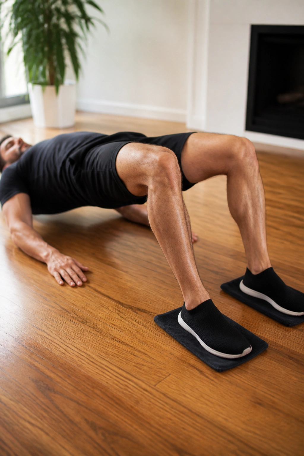 Bridge position with sliding leg curls using towels on a wooden floor