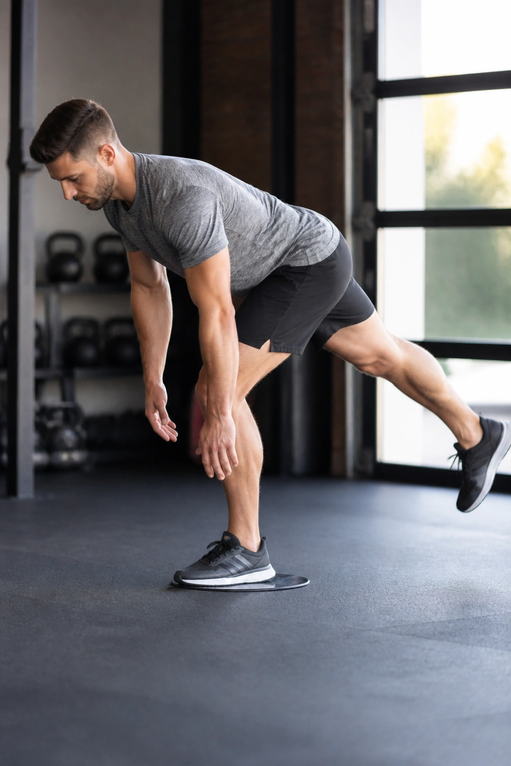 Athlete performing sliding single-leg deadlift with slider under non-working foot