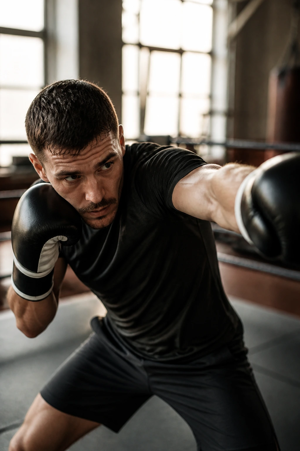 Boxer practicing slips and returns in gym