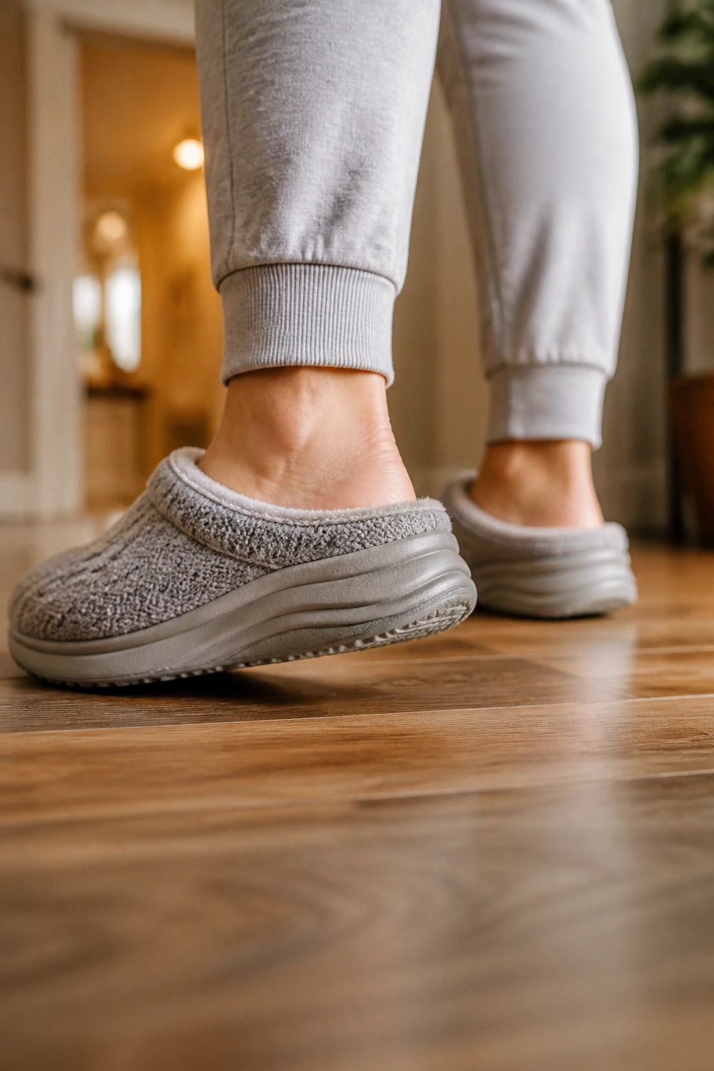 Feet in supportive indoor slippers on wood floor