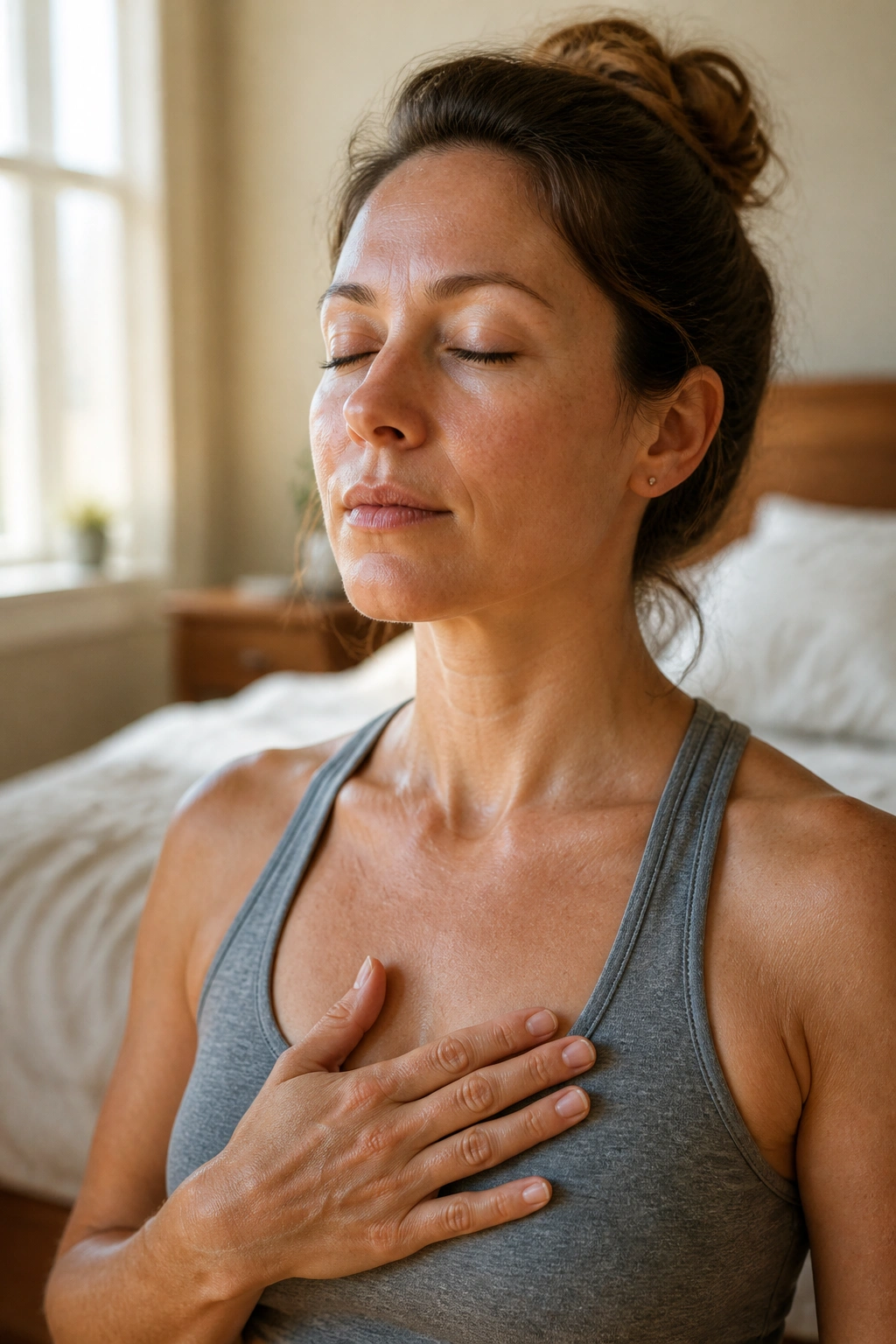 Close-up of a person practicing slow breathing in a sunlit bedroom