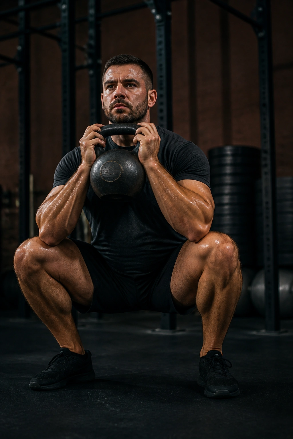 Close-up of a person in slow goblet squat with heavy kettlebell at chest height