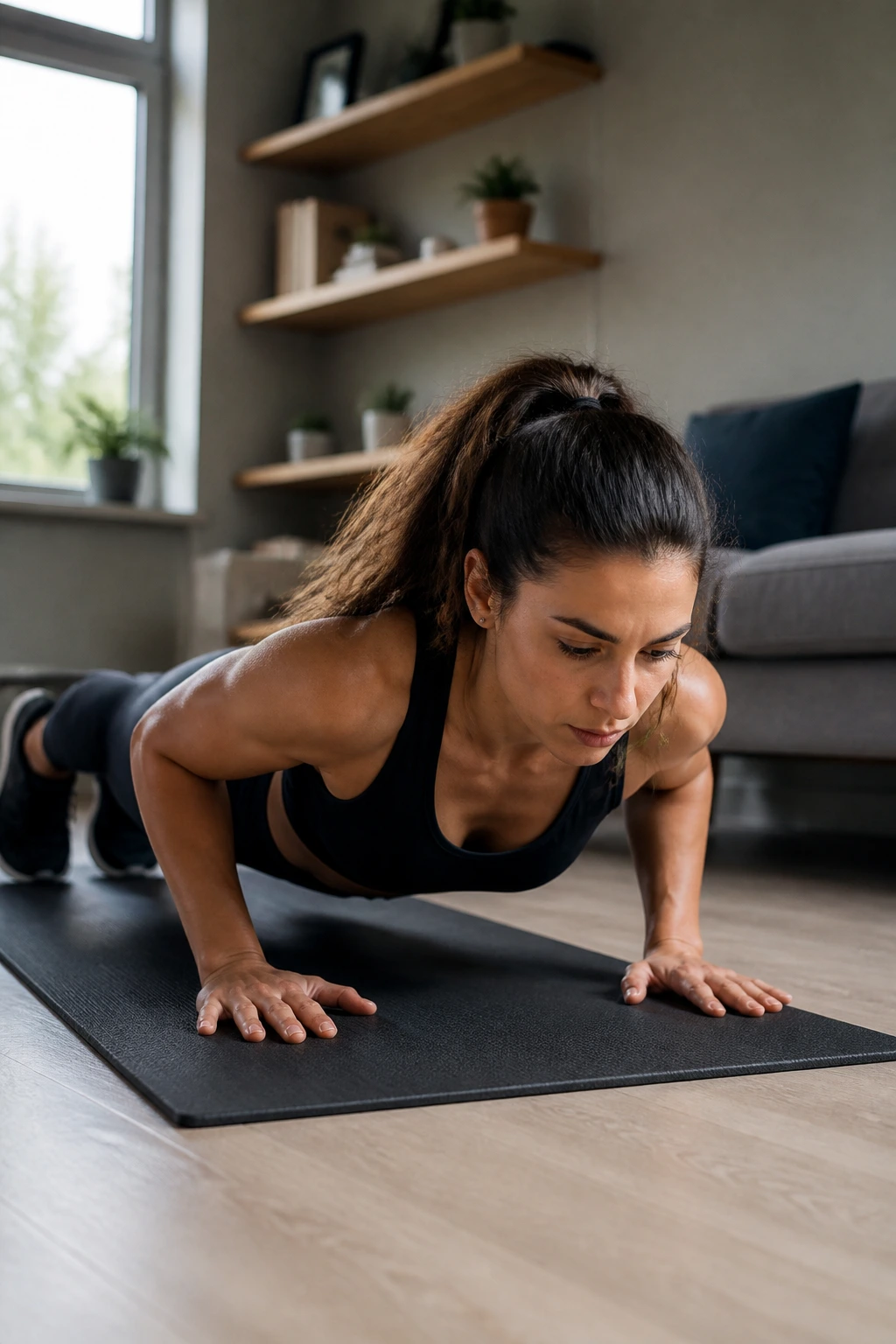 Real woman performing a slow burpee on a mat at home
