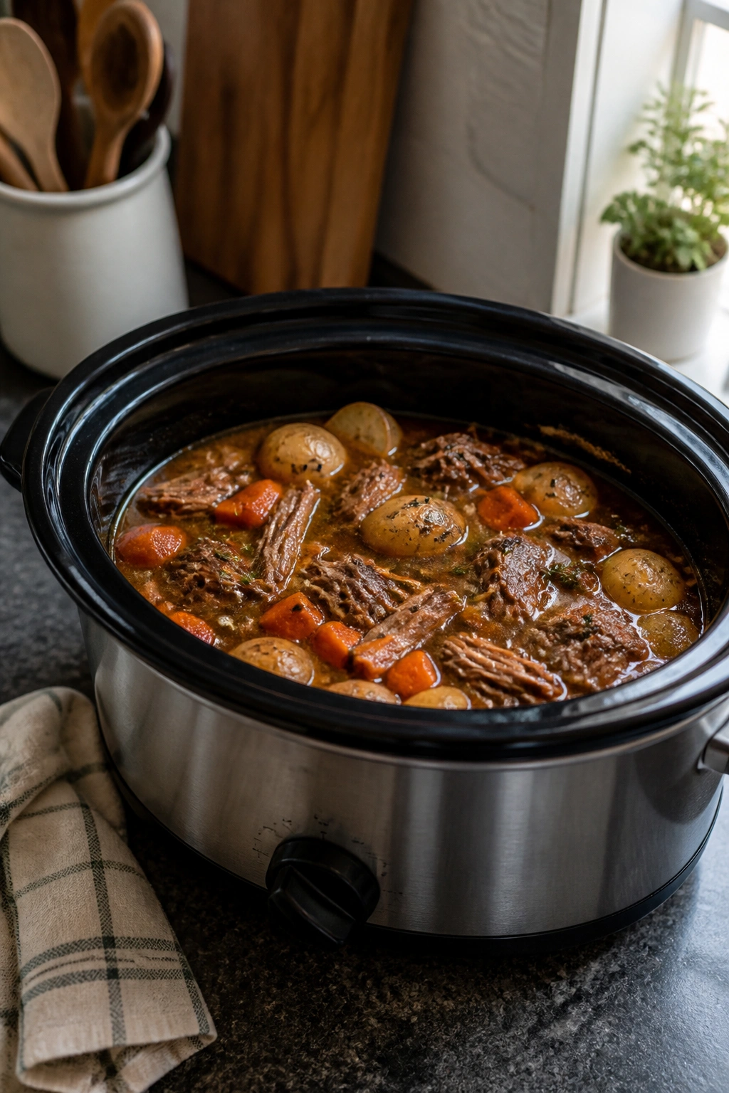 Slow cooker with braising meat and vegetables inside on kitchen counter