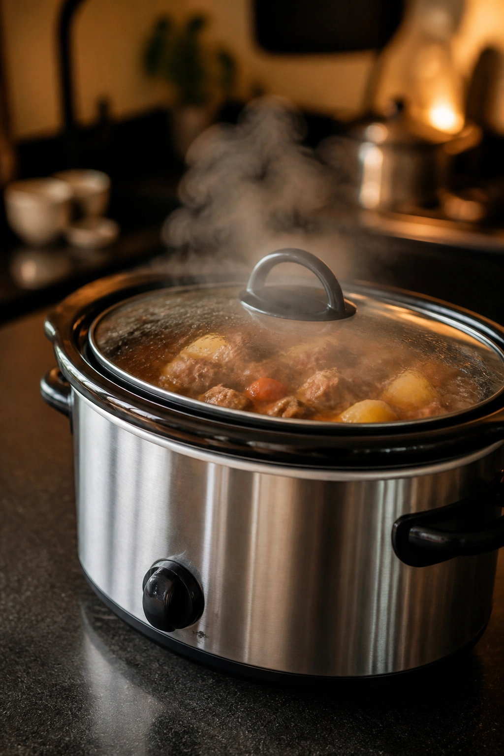 Stainless slow cooker on kitchen counter emitting gentle steam
