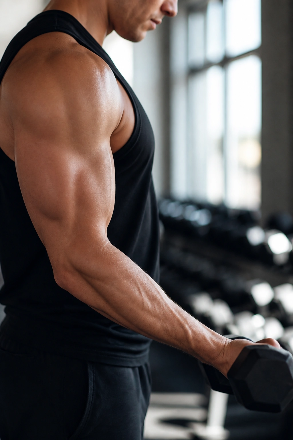 Close-up of a lifter's forearm and bicep during a slow-eccentric curl in a gym