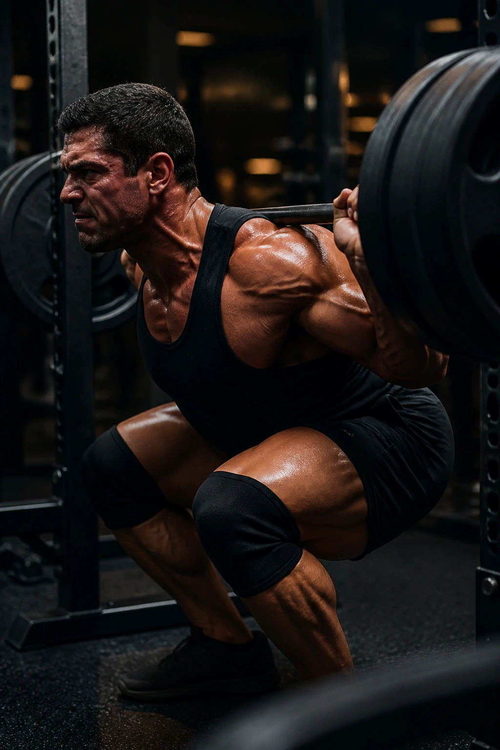 Lifter performing slow-descent back squat in gym