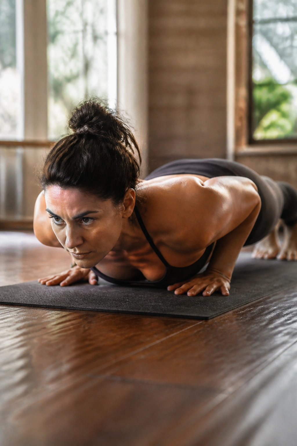 Person lowering from Plank to Chaturanga in a studio