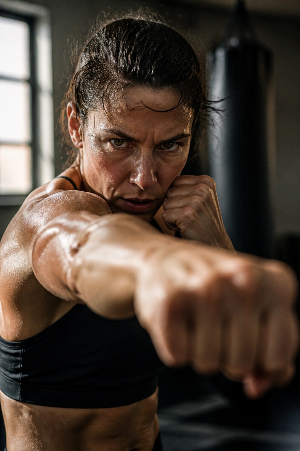 Close-up of a fighter's fist and forearm delivering a slow, controlled punch in a gym