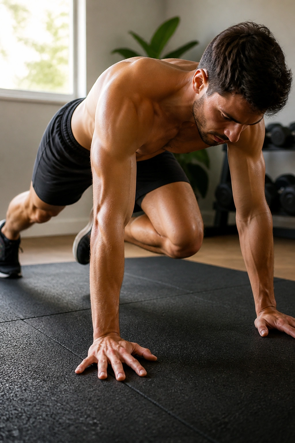 Close-up of a person performing slow mountain climbers focusing on core stability