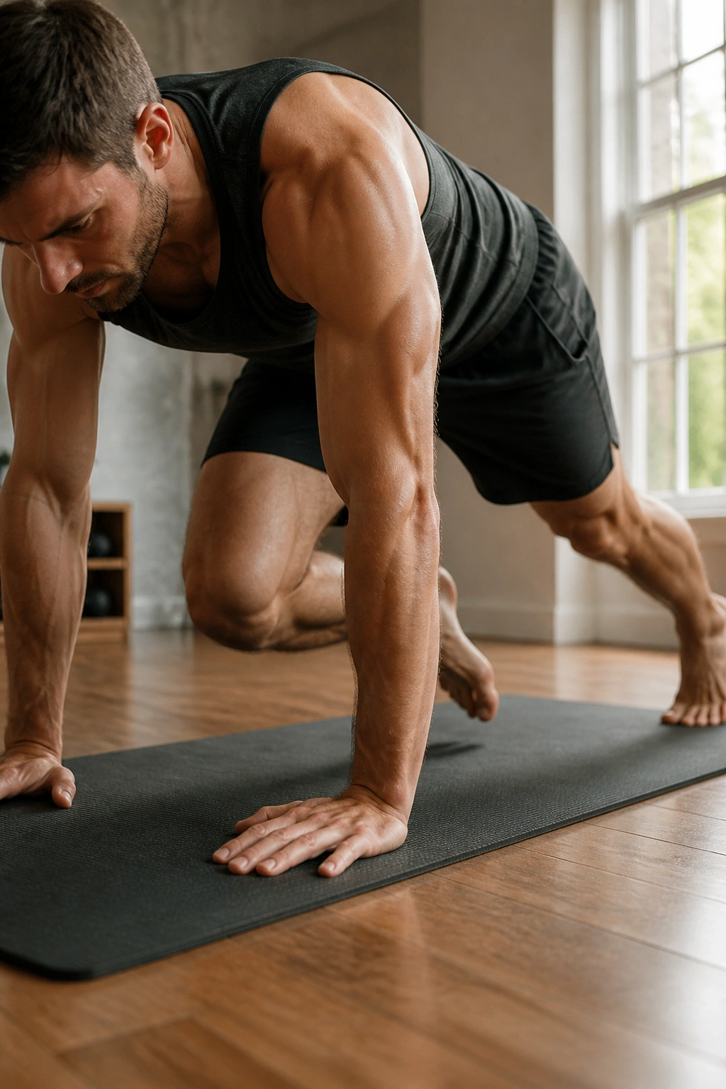 Slow Mountain Climbers close-up of a fit person in high plank performing knee-to-chest movements on a mat