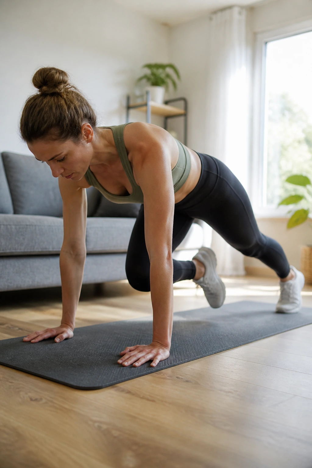 Person doing slow mountain climbers in high plank focusing on knee drive