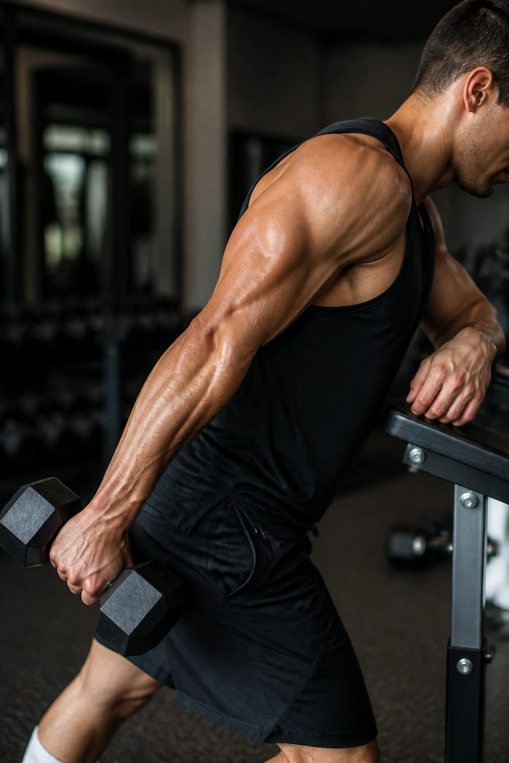 Close-up of a slow-tempo kickback with deliberate descent and controlled elbow
