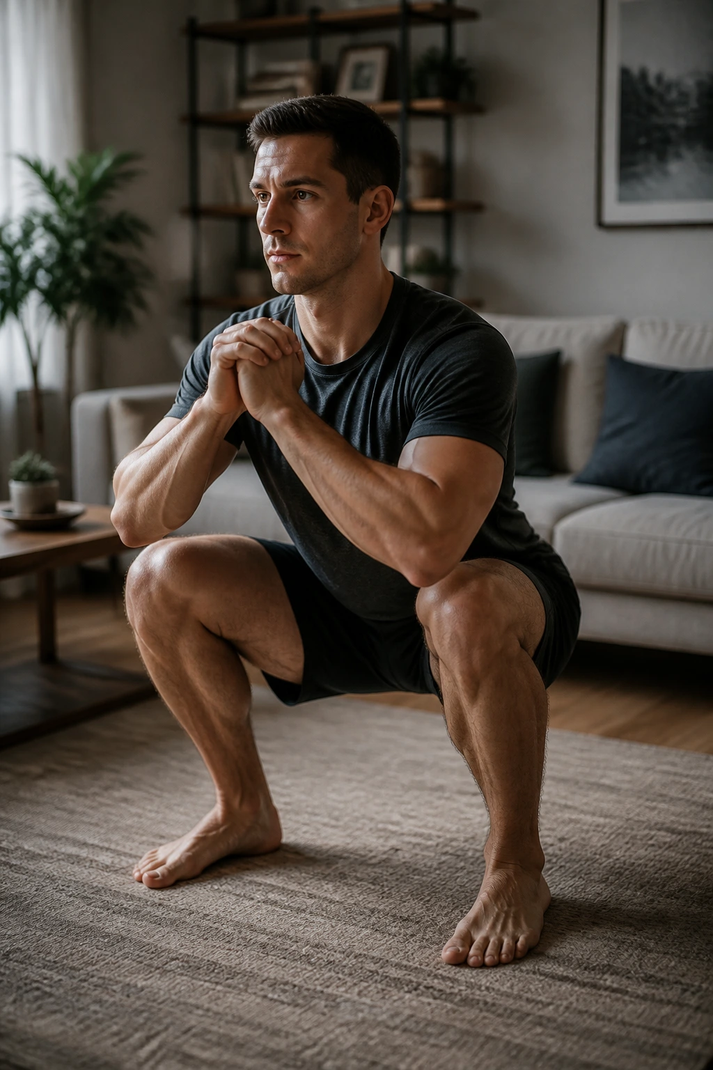Mid-shot of a person performing a slow, controlled bodyweight squat in a cozy home setting