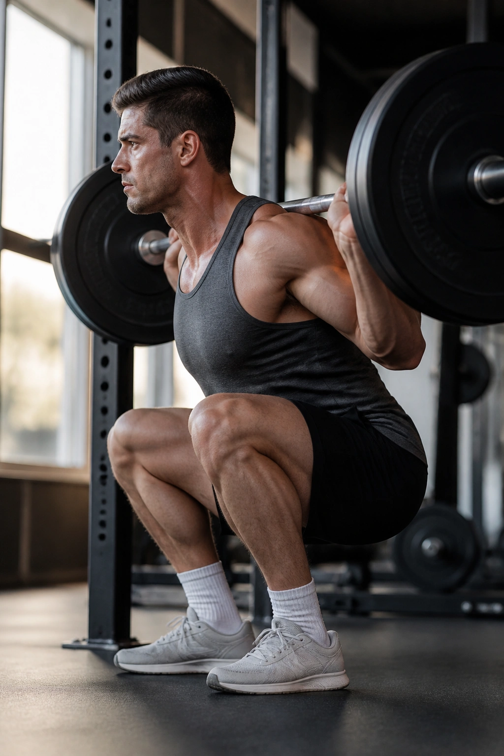 Close-up side profile of lifter performing slow tempo squat with controlled descent in a gym