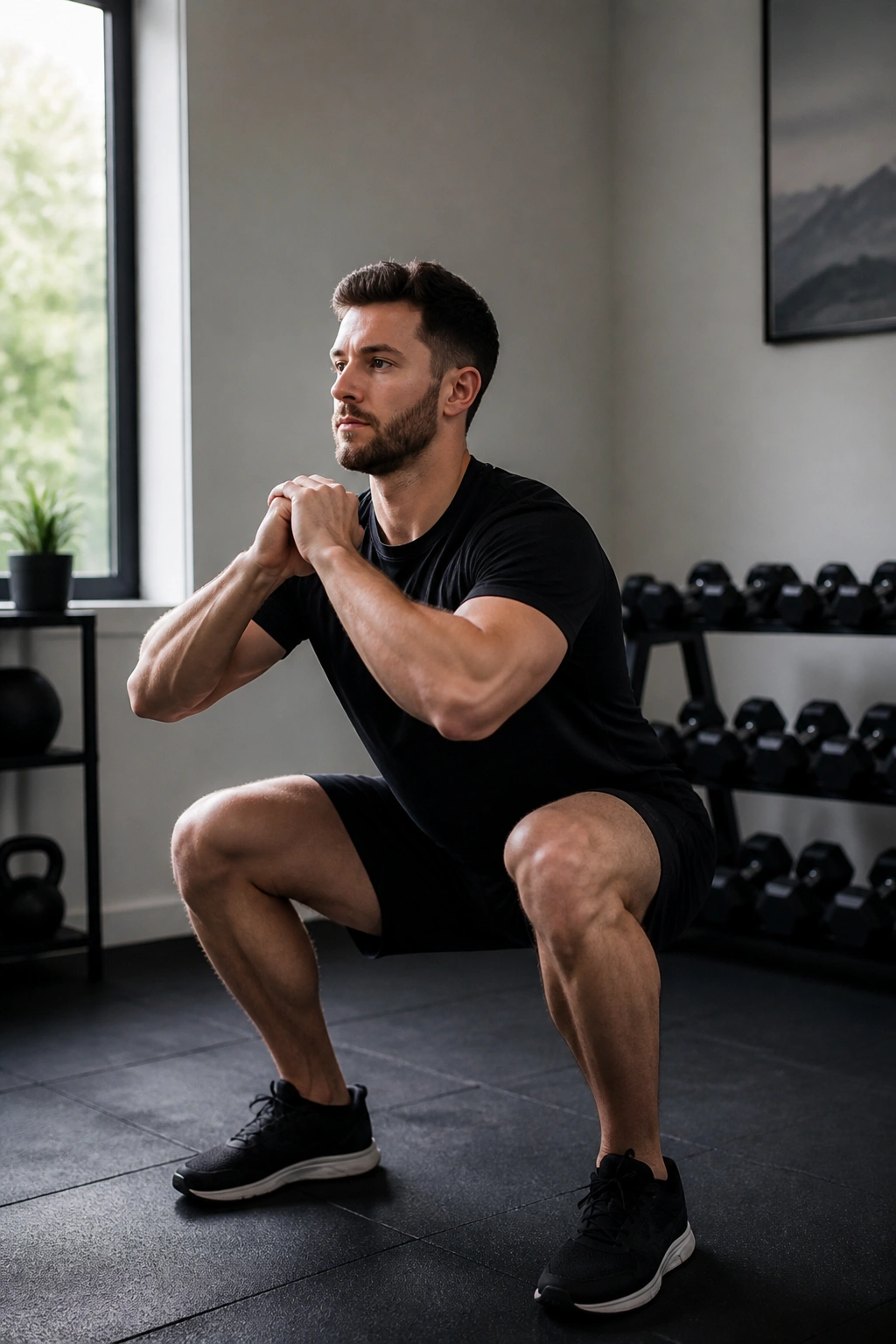 Real person performing slow-tempo squat to train strength