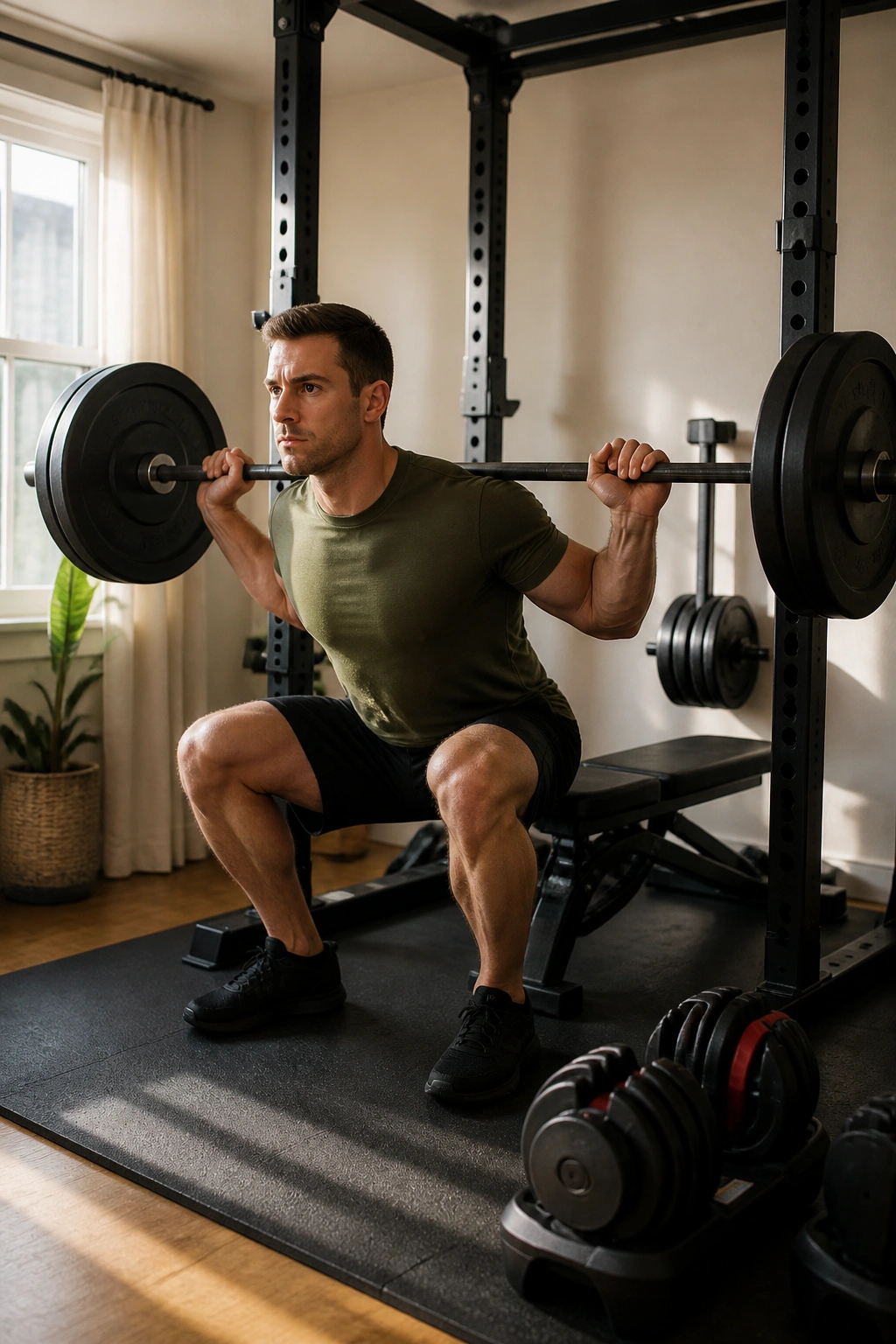 Person training in a compact home gym with power rack and barbell